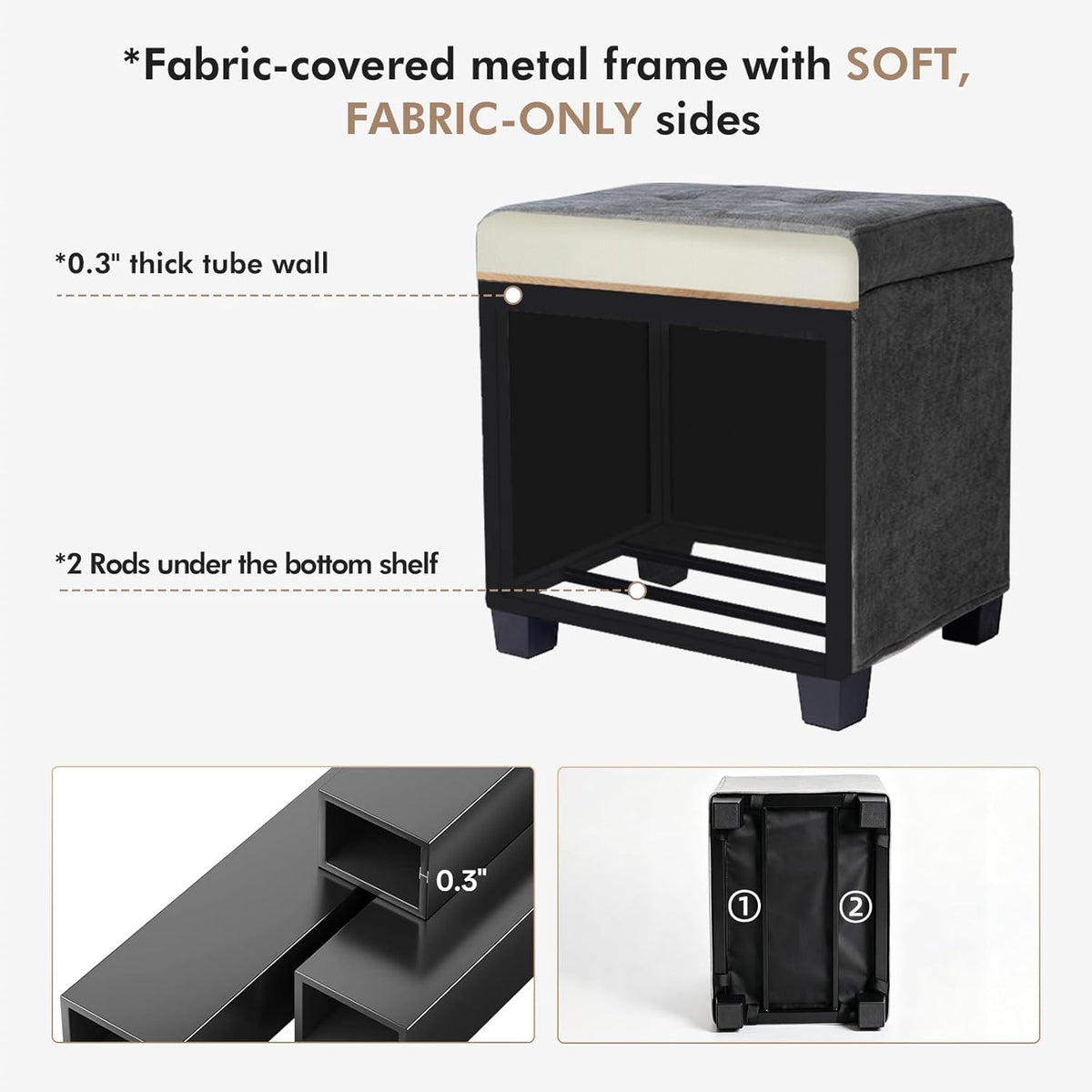 ABHENG Steel Frame Small Ottoman with Storage Footrest Gray UASND70G | 12.2" D x 16.1" W x 17.7" H, Hold 660 lbs, 48L Storage Capacity, Breathable Chenille, Removable Lid, for Dorm Living Room
