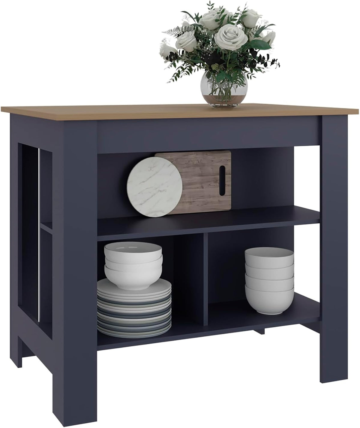 Kitchen Island with Three Open Shelves and Four Legs | Three open shelves for storage and organization