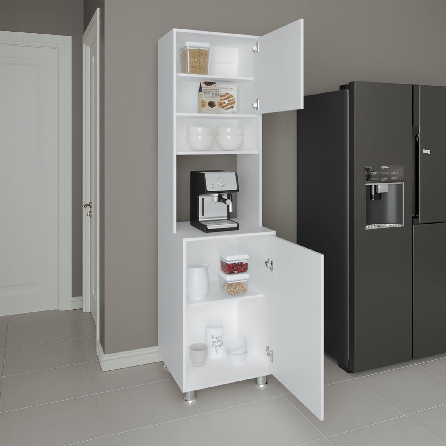 Kitchen Pantry with 2 Doors and 5 Shelves in White | Tall vertical design with 5 shelves for efficient kitchen storage