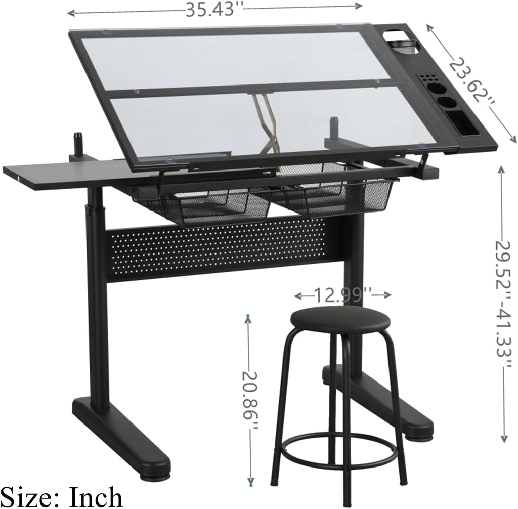 Drafting Desk with Stool, Upgraded Hand Crank Adjustable Height Art Table with Storage, 0-75° Tilting Glass Tabletop Drawing Table for Artists, Ergonomic Design for Painting, Sketching, Black