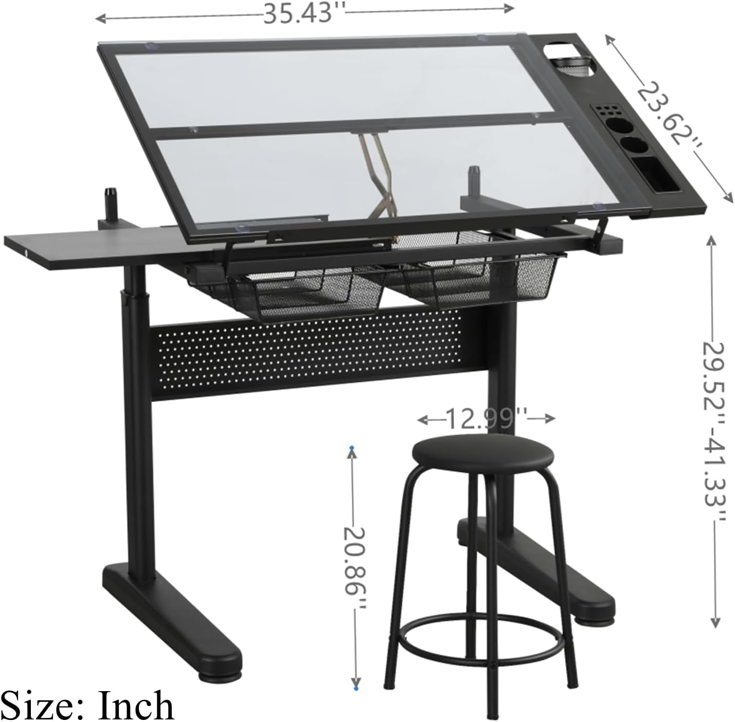 Drafting Desk with Stool, Upgraded Hand Crank Adjustable Height Art Table with Storage, 0-75° Tilting Glass Tabletop Drawing Table for Artists, Ergonomic Design for Painting, Sketching, Black