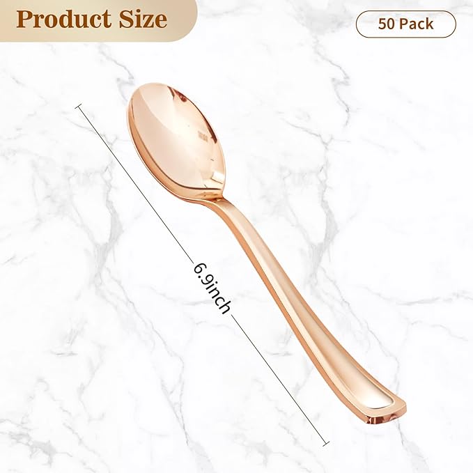 BESTVIP 50 Pack 6.9 Inch Rose Gold Plastic Spoons, Heavy Duty Plastic Silverware, Heavyweight Rose Gold Spoons, Disposable Serving Utensils for Catering, Parties, Dinners, Weddings, Christmas