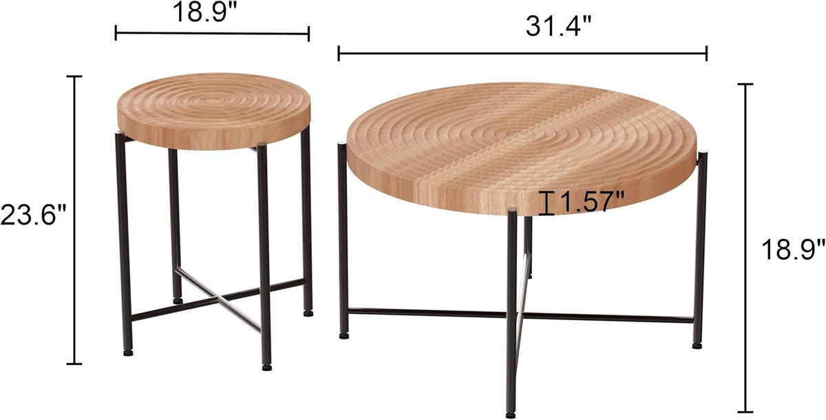 Coffee Table Set, End Table, MDF Living Room Tables with PVC Cover, Cylindrical Design, Black Metal Legs, Red Cedar-Brown, 2-Piece