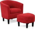 INZOY Modern Accent Chair with Ottoman for Small Space, Club Chair with Ottoman Set, Comfy Fabric Barrel Reading Chairs for Living Room Bedroom, Round Reading Chair with Foot Rest, Red