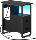 HOOBRO Narrow End Table with Charging Station & LED Lights, Slim Nightstand with 2 Fabric Drawers and Open Shelves, Narrow Side Table for Living Room, Bedroom, Black BB430UDBZ01