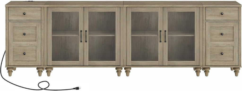 WAMPAT Sideboard Buffet Cabinets with 4-Glass Door, 4-in-1 Kitchen Storage Cabinets with Charging Station, Wood Coffee Bar Table with Adjustable Shelf & 2 Drawers for Dining Room, Living Room, Grey