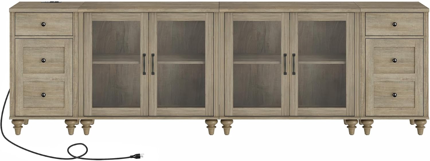 WAMPAT Sideboard Buffet Cabinets with 4-Glass Door, 4-in-1 Kitchen Storage Cabinets with Charging Station, Wood Coffee Bar Table with Adjustable Shelf & 2 Drawers for Dining Room, Living Room, Grey