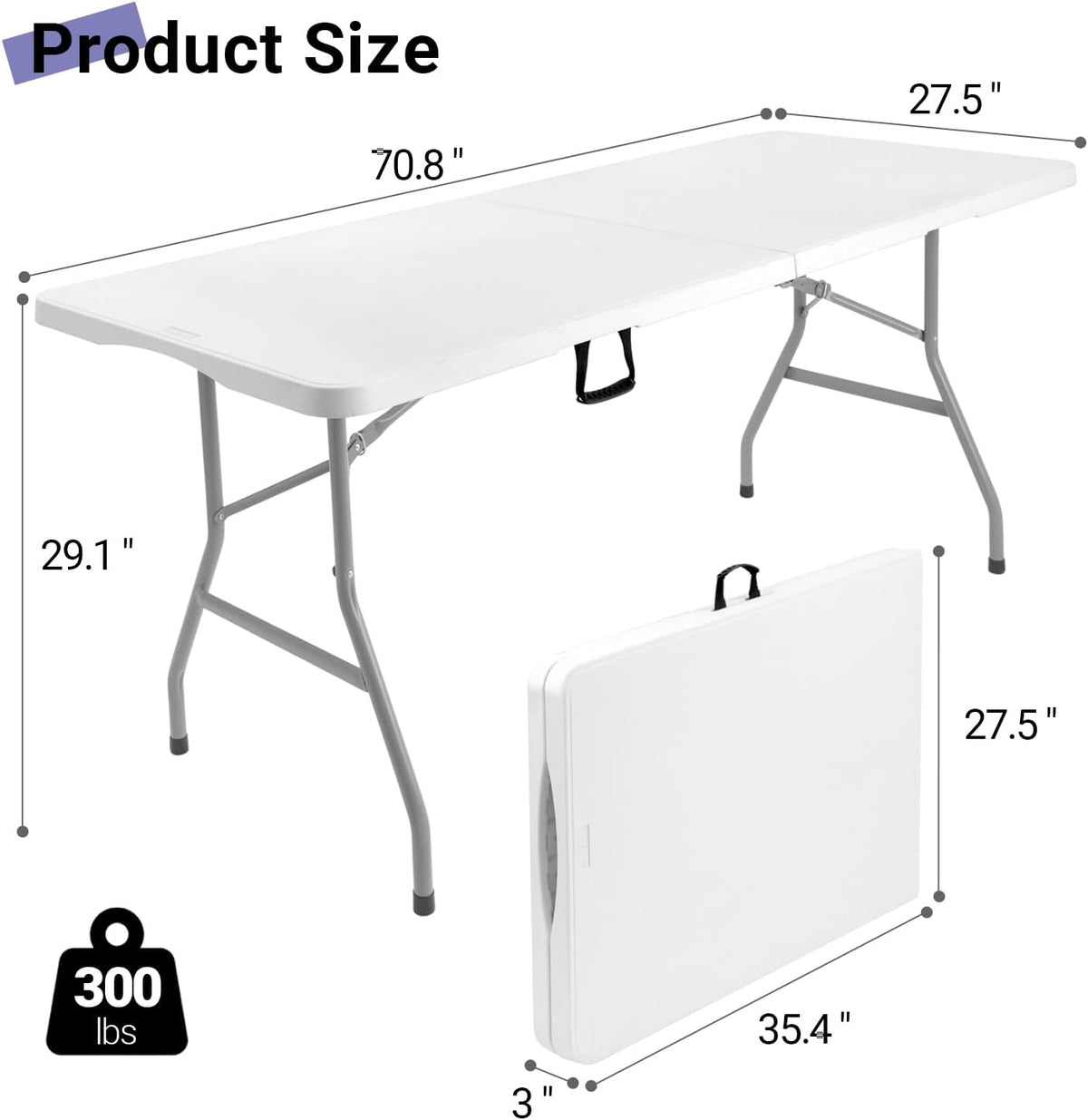 6ft Folding Table, Portable Heavy Duty Plastic Table for Party, White | Fold-in-half Design with Carry Handle,Easy Setup,Compact Storage. Supports 330 lbs for Indoor & Outdoor use,Camping, Picnic