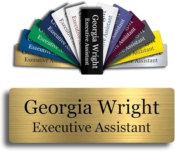 Custom Engraved Name Tag 1" x 3" Personalized Badge Magnetic or Pin Backing Made in The USA by Gem Awards (Gold)
