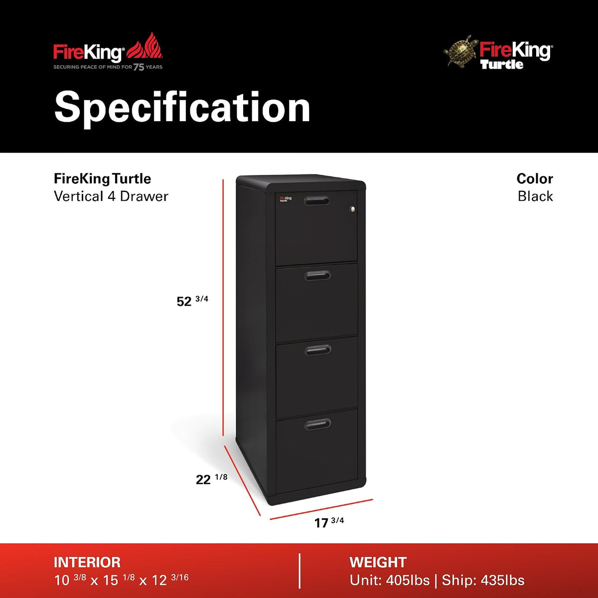 FireKing Turtle Contour - 4 Drawer Fire Safe File Cabinet with Key Lock - 1 Hour Fire Rated, UL Rated & Water Resistant Home Safe - Made in the USA Legal & Letter Filing Cabinet - Black