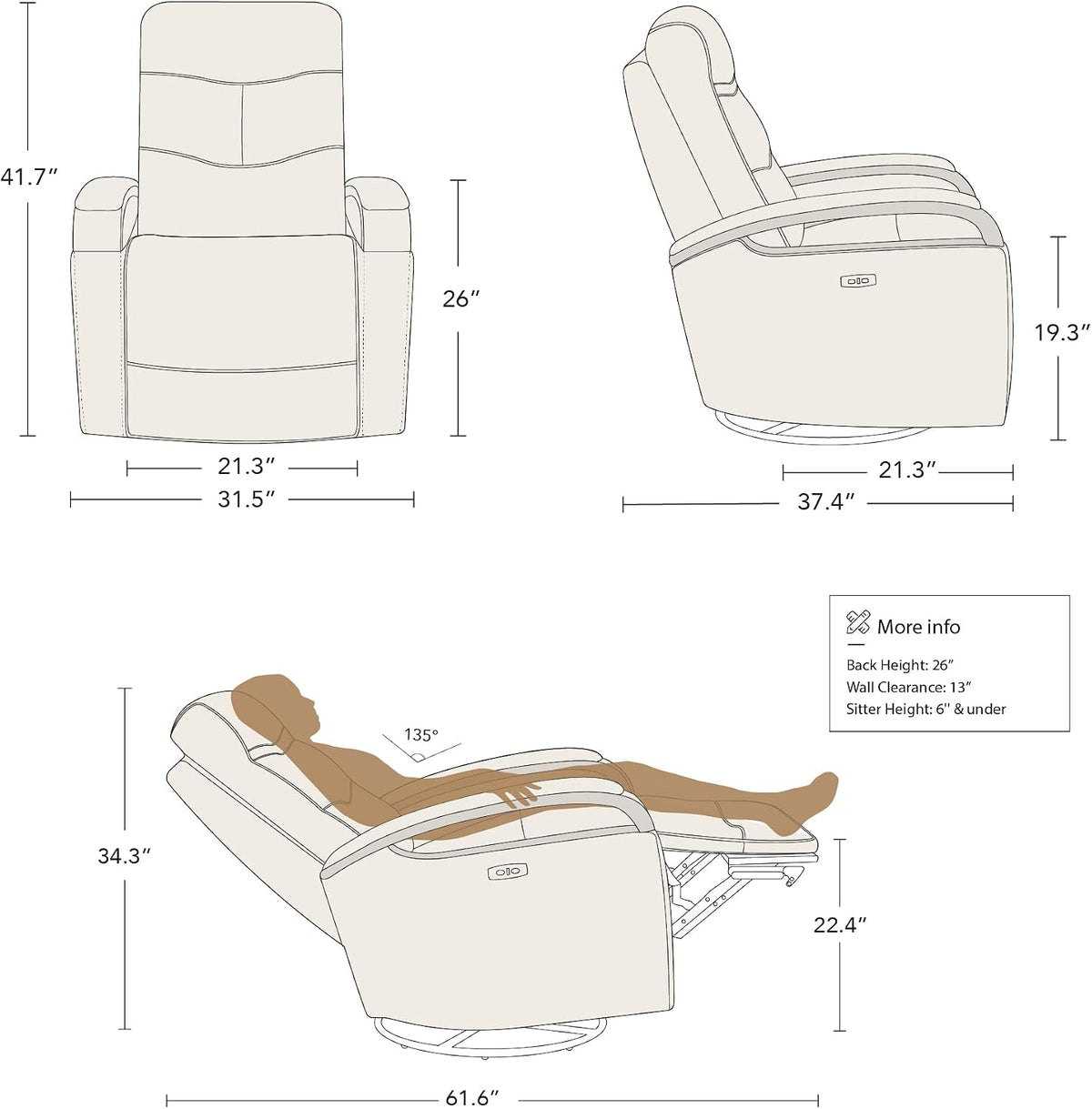 CHITA Genuine Leather Power Swivel Glider Rocker Recliner, Creamy Grey