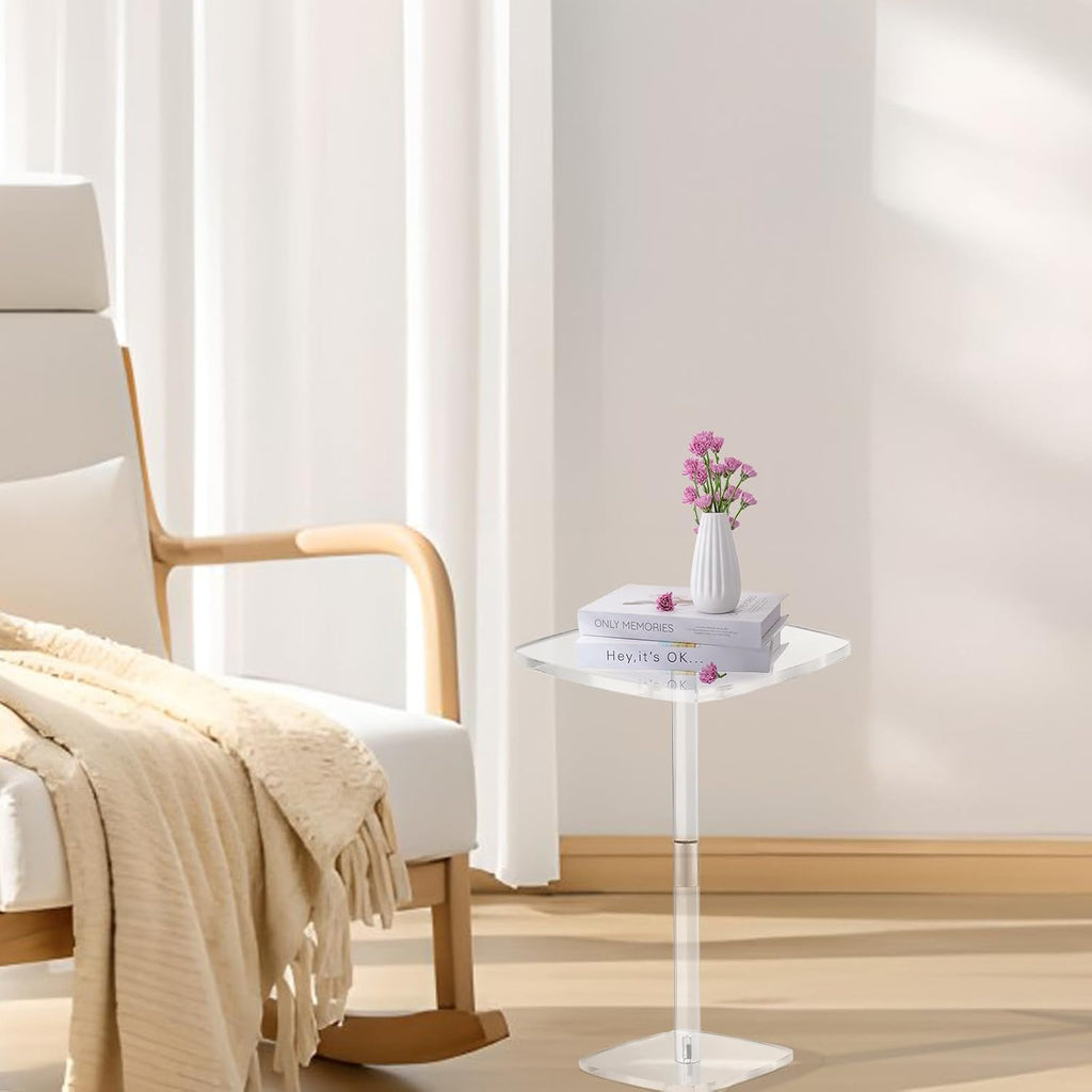 Square Drink Table, 10" Lx10 Wx21.6 H Acrylic Side Table for Small Spaces, Clear Pedestal Side Table, Cocktail Martini Table for Living Room, Bedroom, Sofa, Chair, Clear