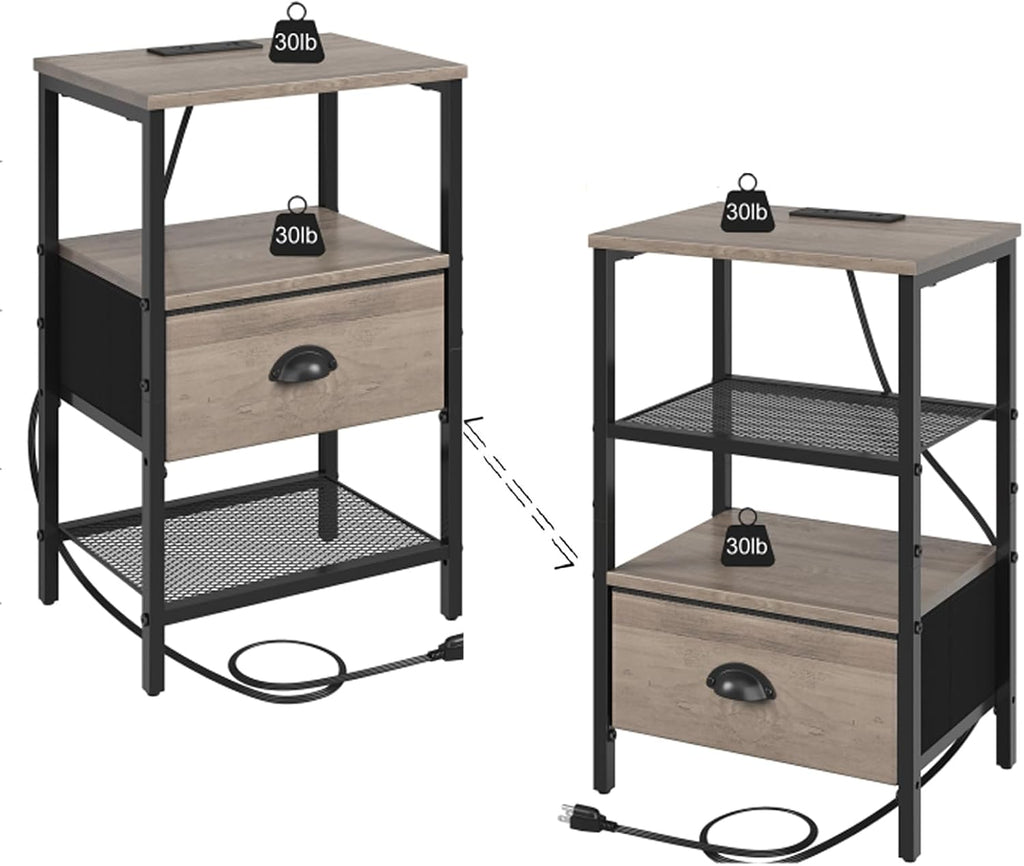 sthmec Nightstands Set of 2, Night Stands with Charging Station and Fabric Drawer, Grey Bedside Tables with Drawers, 2- Tier Side Table with Storage, Nightstands with Charging Station,Grey