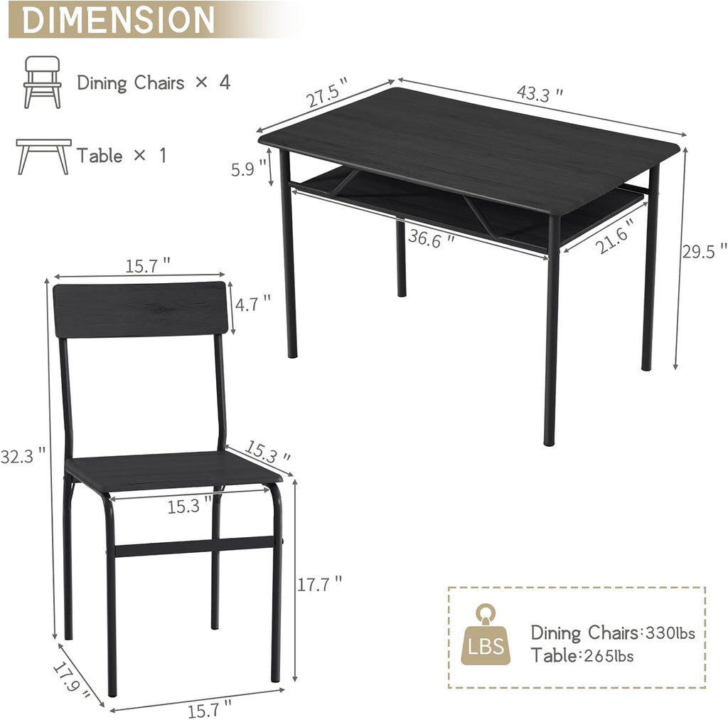 ECOTOUGE Dining Table Set for 4, Wood Kitchen Table and Chairs with Storage Shelves & Metal Frame, Compact Mid-Century Modern Rectangle Dinner Table Sets for Small Space, Apartment, Black