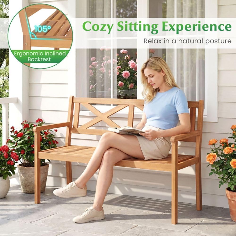 Solid Acacia Wood Outdoor Chair Armrests Backrest 44in Seat 800lb Capacity Backyard