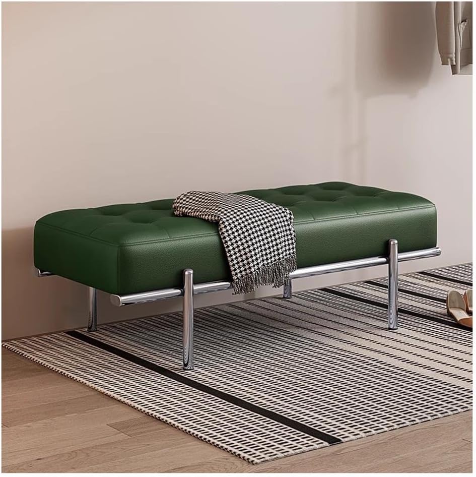 Etlegor Faux Leather Entryway Bench, Minimalist Bed-end Bench with Stainless Steel Legs for Entry, Hallway, Living Room, Bedroom, Walk-in Closet(Green,100x44.5x40cm)