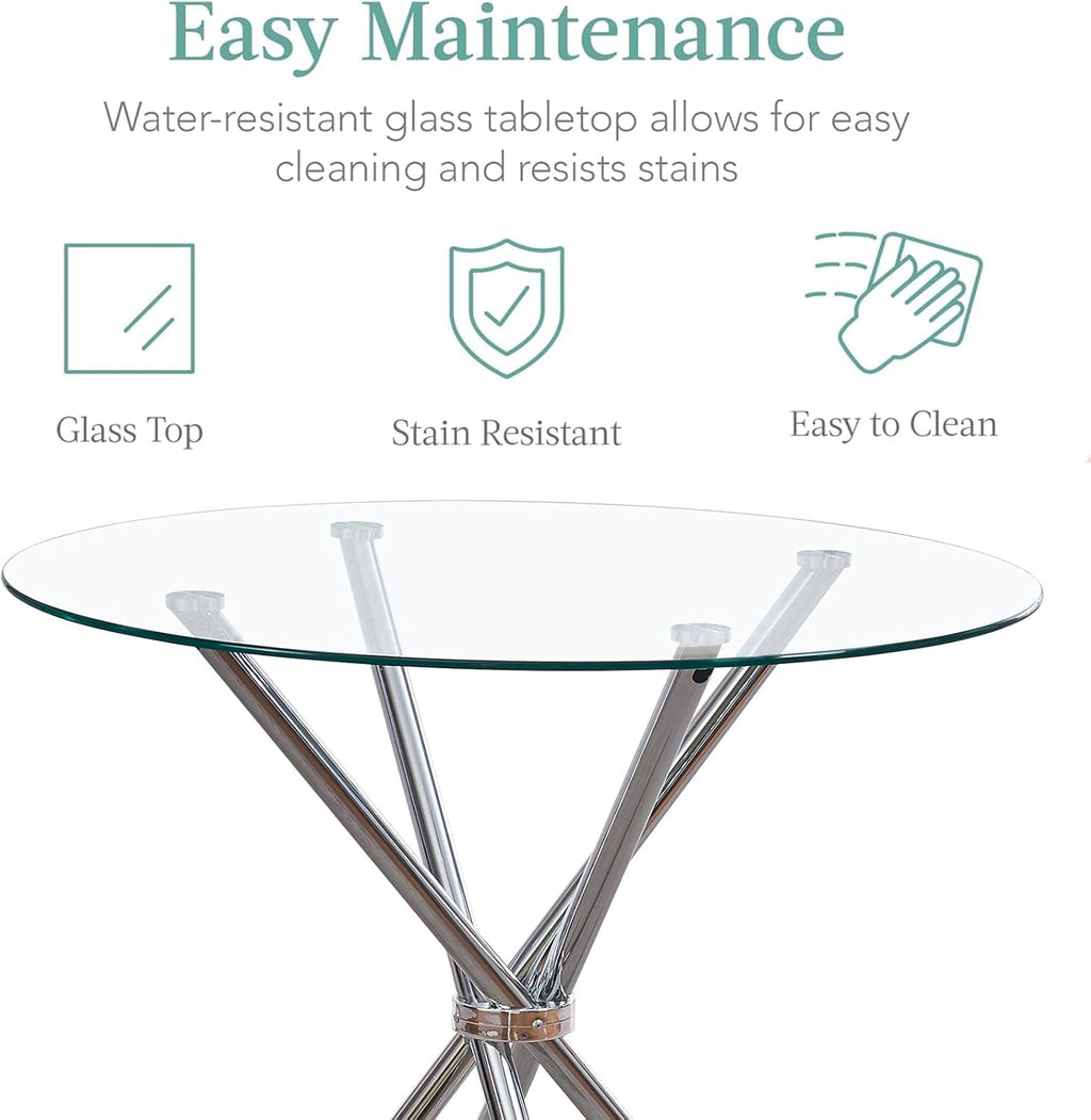 5 Pieces Round Dining Room Set for 4 Contemporary Glass Kitchen Table with 4 PU Chairs Set Compact Silver Legs Glass Table with Grey Chairs Set for Small Space/Apartment