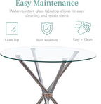 5 Pieces Round Dining Room Set for 4 Contemporary Glass Kitchen Table with 4 PU Chairs Set Compact Silver Legs Glass Table with Grey Chairs Set for Small Space/Apartment