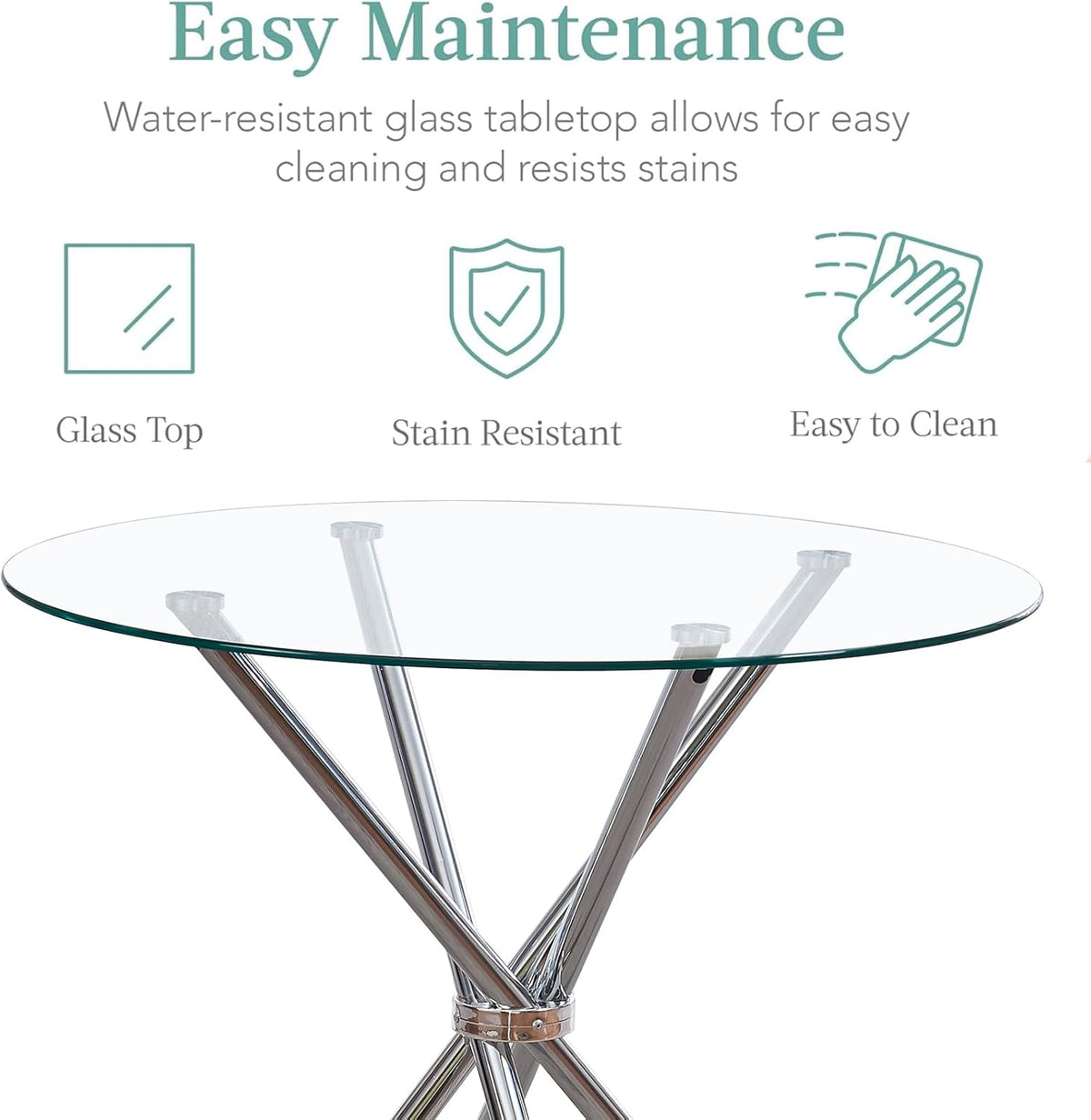 5 Pieces Round Dining Room Set for 4 Contemporary Glass Kitchen Table with 4 PU Chairs Set Compact Silver Legs Glass Table with Grey Chairs Set for Small Space/Apartment