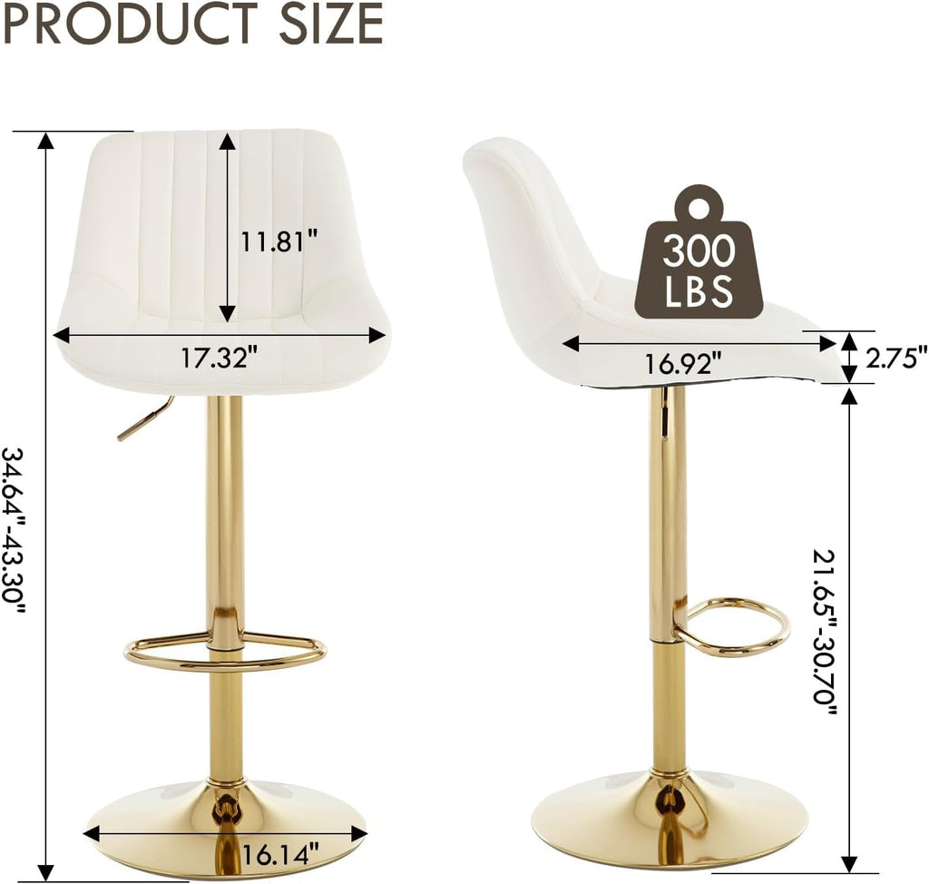 Barstools Set of 3, Golden-Cream, Adjustable Swivel Bar Stools | With Back, Armless Upholstered, Gold Bar Stool with Velvet Seat, For Kitchen Island/Cafe/Dining