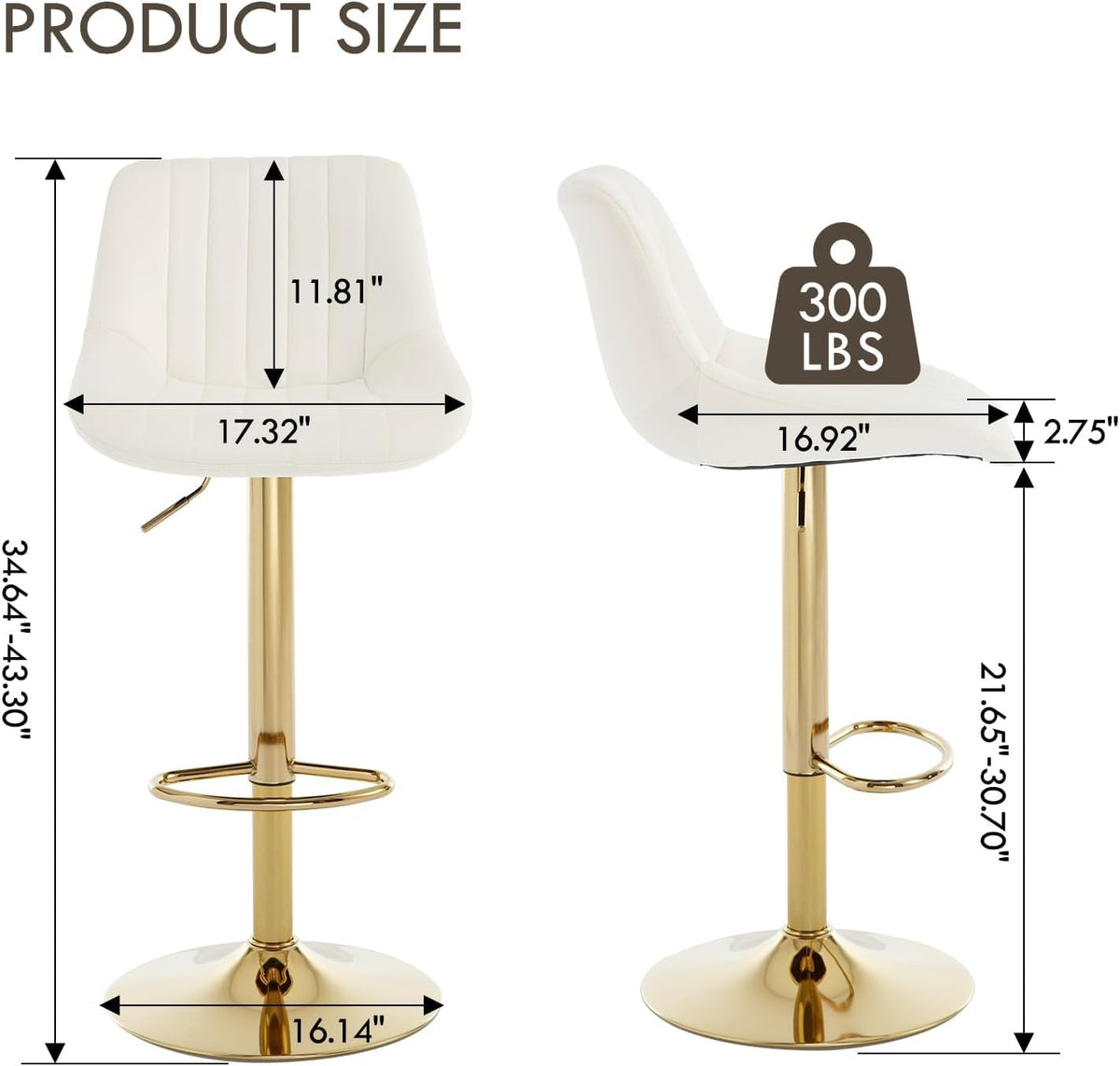 Barstools Set of 3, Golden-Cream, Adjustable Swivel Bar Stools | With Back, Armless Upholstered, Gold Bar Stool with Velvet Seat, For Kitchen Island/Cafe/Dining