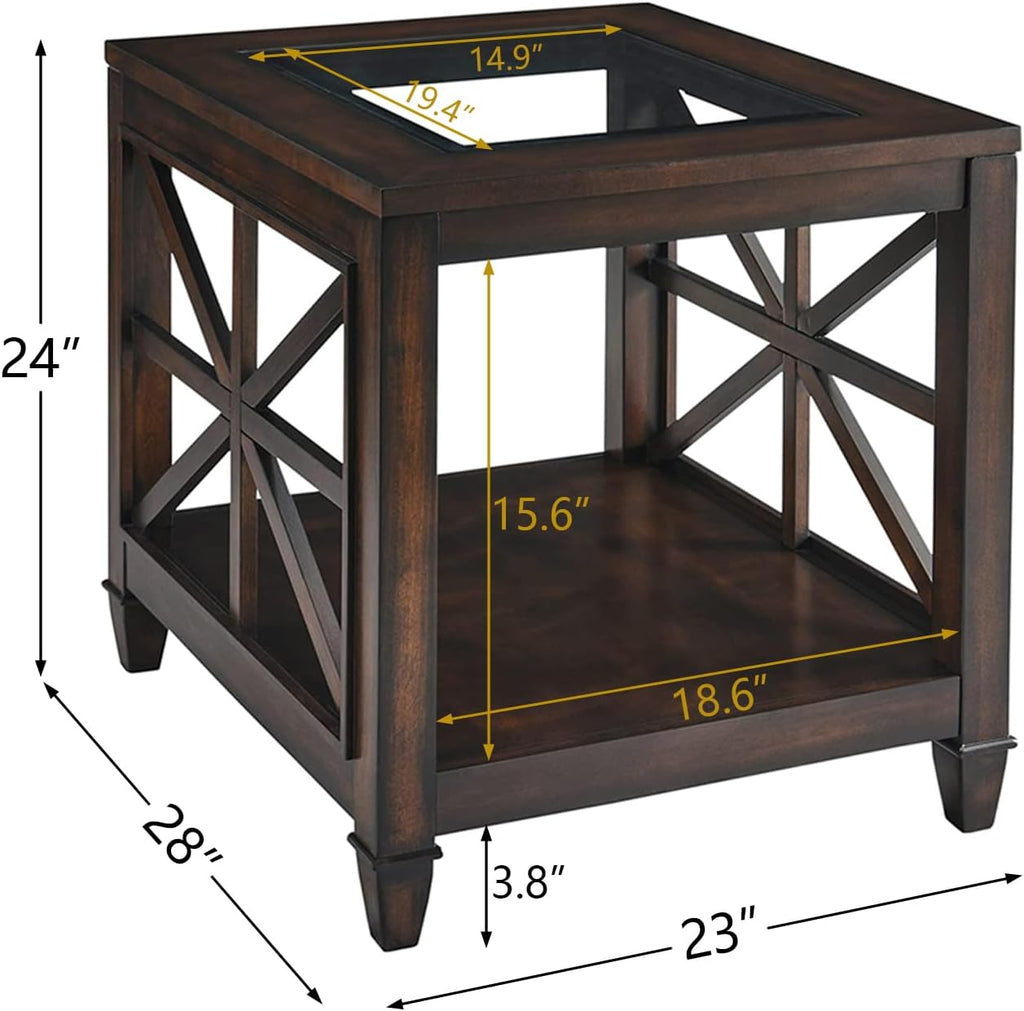 Set of 2 Solid Wood End Tables with Tempered Glass Top, 28" x 24" Large Farmhouse Side Table for Living Room, Bedroom & Office, Vintage Walnut
