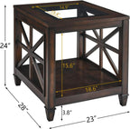 Set of 2 Solid Wood End Tables with Tempered Glass Top, 28" x 24" Large Farmhouse Side Table for Living Room, Bedroom & Office, Vintage Walnut