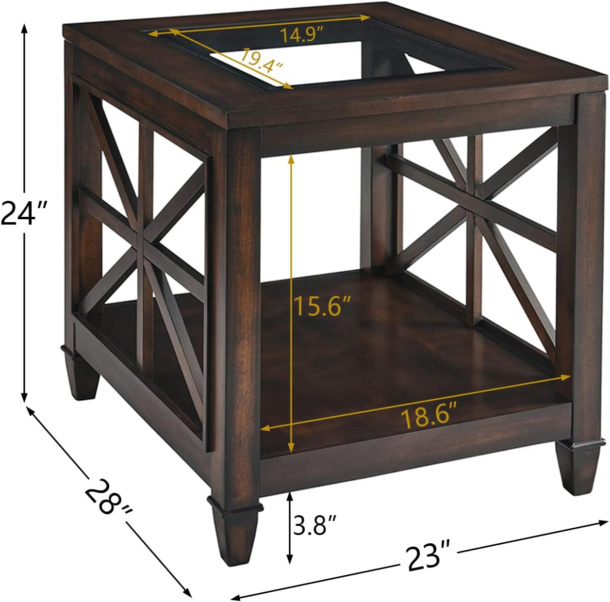 Set of 2 Large Solid Wood End Tables with Tempered Glass Top, 28" x 24" Farmhouse Side Tables, Vintage Walnut for Living Room, Bedroom, Office