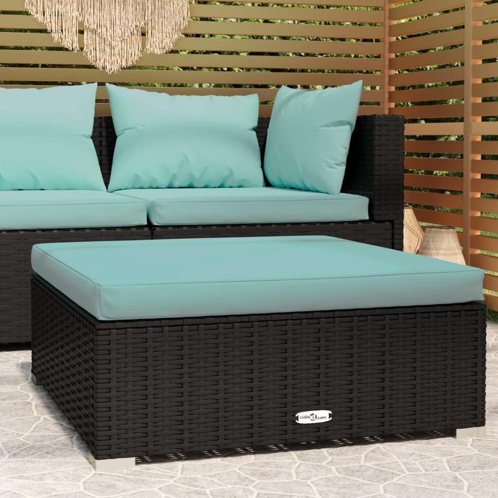 Patio Footrest with Aqua Cushion, Poly Rattan Garden Ottoman Outdoor & Indoor Chair for Garden, Patio, Balcony, Backyard, Porch, Black 27.6"x27.6"x11.8" Poly Rattan