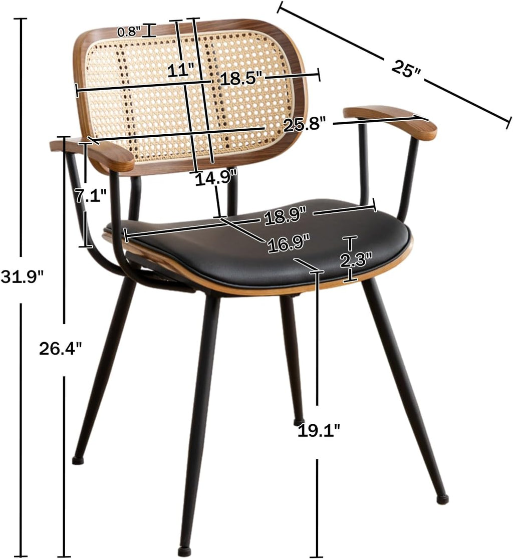 Rattan Dining Room Chairs Set of 2,Mid Century Modern Kitchen Side Chairs,Metal Legs Desk Chairs,Faux Leather Accent Chairs with Arms and Rattan Backrest,Black PU