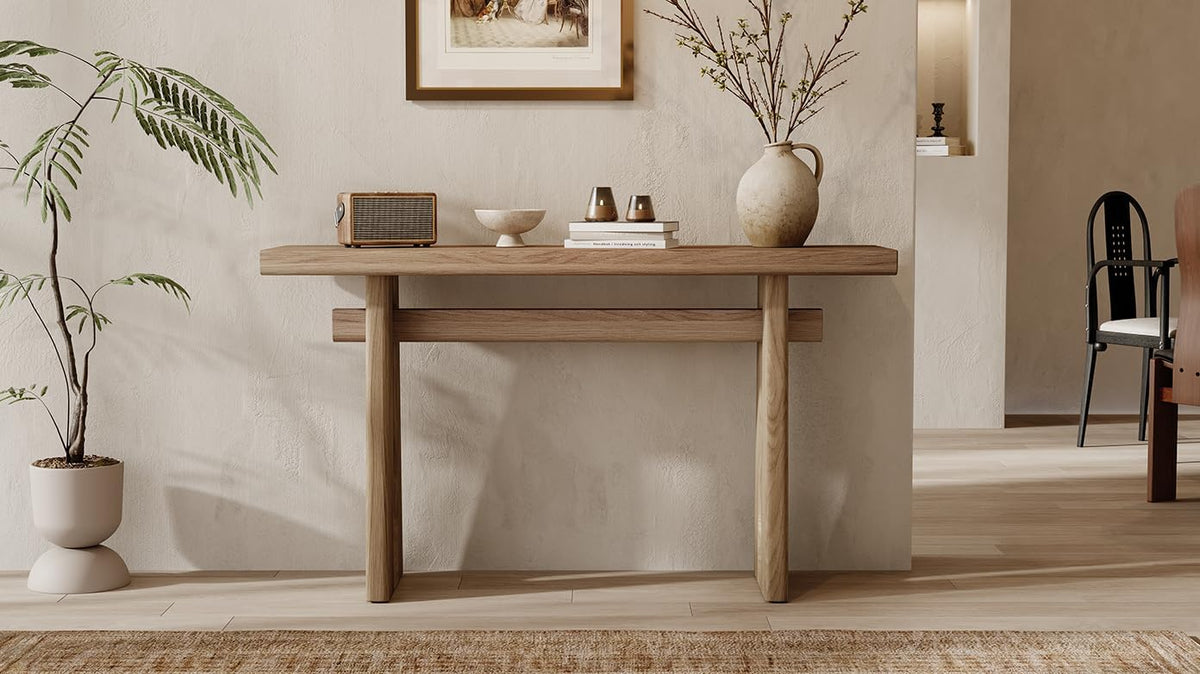 59.25" Long Console Table with Geometric Silhouette, Modern Wooden Hallway Table Accent Sofa Table, Extra Long Entryway Table for Living Room, Foyer, Corridor (Brown)