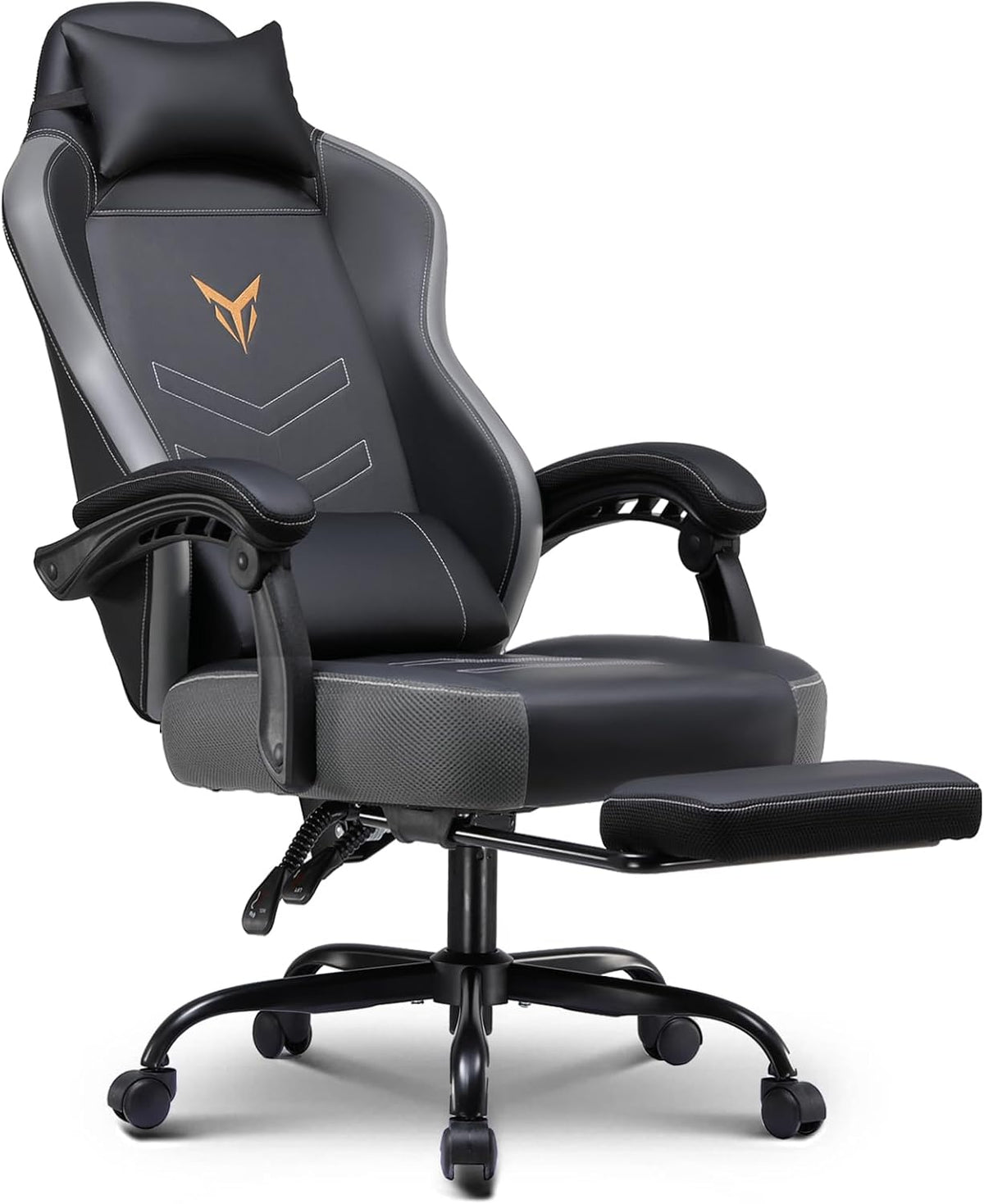 GTPLAYER Gaming Chair with Footrest, Ergonomic Office Chair 300lbs Capacity, Computer Desk Chair with Headrest and Lumbar Support, Linkage Armrests, 90-155° Recline, PU Leather Grey