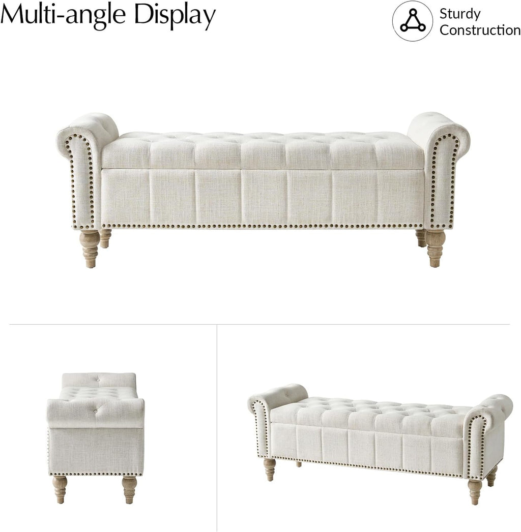 HULALA HOME Farmhouse Upholstered Storage Bench, End of Bed Bench with Vintage Button Tufted Design(Ivory)