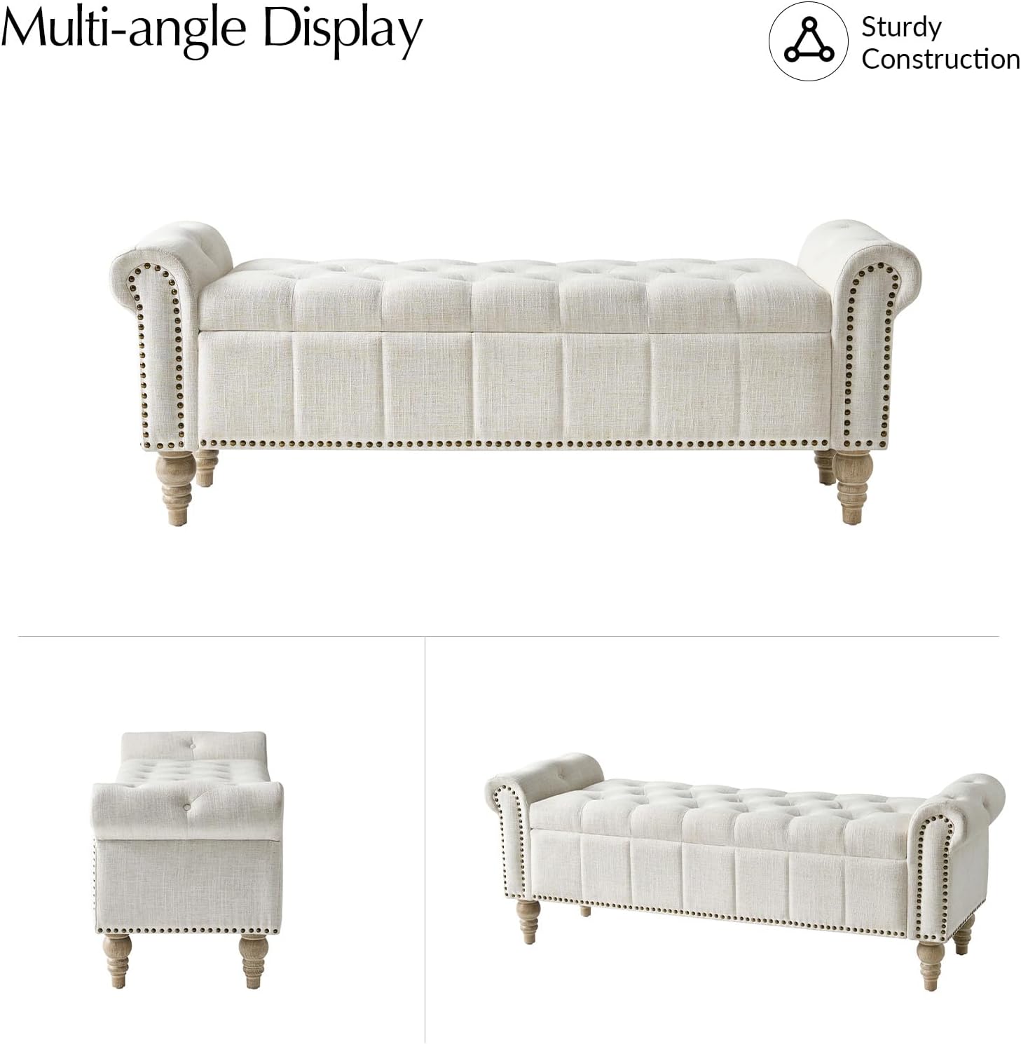 HULALA HOME Farmhouse Upholstered Storage Bench, End of Bed Bench with Vintage Button Tufted Design(Ivory)