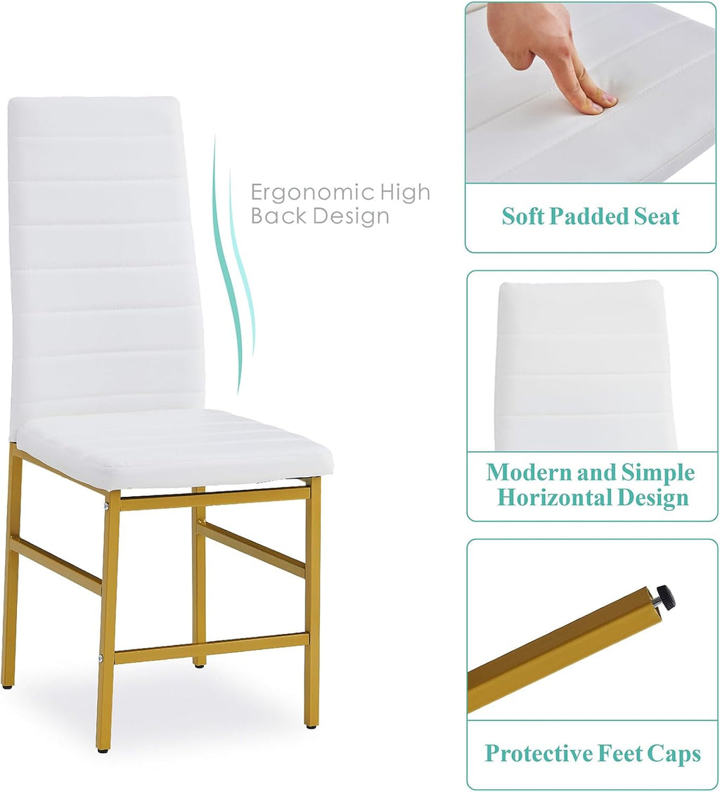 Dining Chairs Set of 4 Kitchen Chairs Armless Side Chair for Livign Room Dinner Chairs Set of 4 with Metal Frame and Legs (White/Gold Pro)
