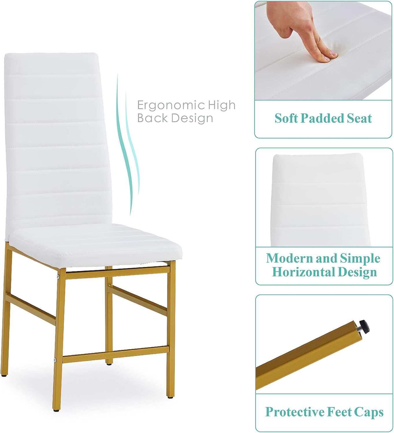 Dining Chairs Set of 4 Kitchen Chairs Armless Side Chair for Livign Room Dinner Chairs Set of 4 with Metal Frame and Legs (White/Gold Pro)