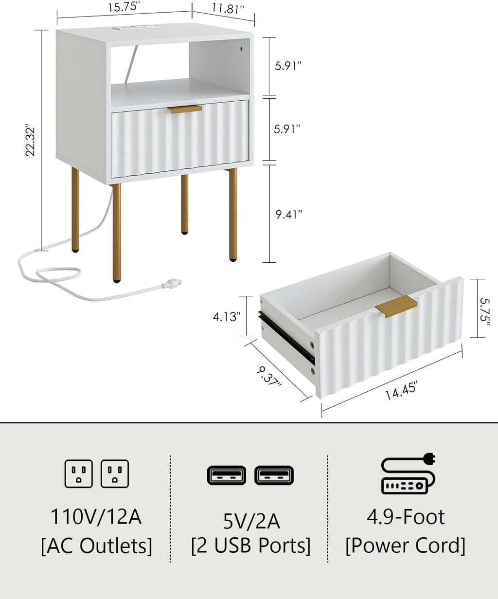 Masupu Nightstand with Charging Station,Mid-Century Modern Bedside Table with Storage Drawer and Open Wood Shelf,Small Gold Frame Side Table for Bedroom,Living Room (White Fluted)