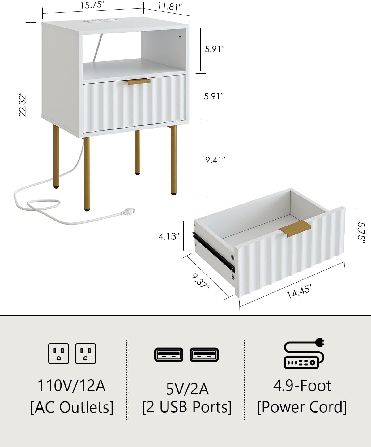 Masupu Nightstand with Charging Station,Mid-Century Modern Bedside Table with Storage Drawer and Open Wood Shelf,Small Gold Frame Side Table for Bedroom,Living Room (White Fluted)