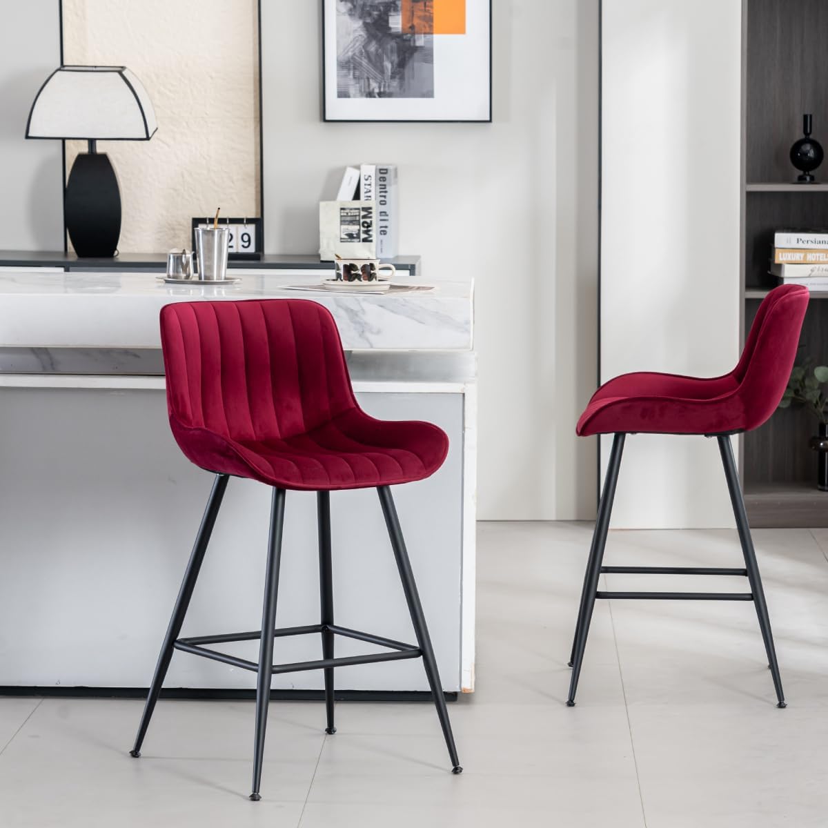 Bar Stools Set of 2 with Velvet Upholstery, Burgundy | Luxury Counter Height Bar Stools with Black Metal Legs 24 Inches Seat Height Barstools with Backs for Kitchen Island