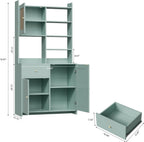71'' Tall Kitchen Pantry Storage Cabinet, Kitchen Hutch Bar Cabinet with Microwave Stand, Farmhouse Buffet Cabinet w/Drawer, 3 Adjustable Shelf & 3 Rattan Doors for Kitchen, Dining Room (Green)