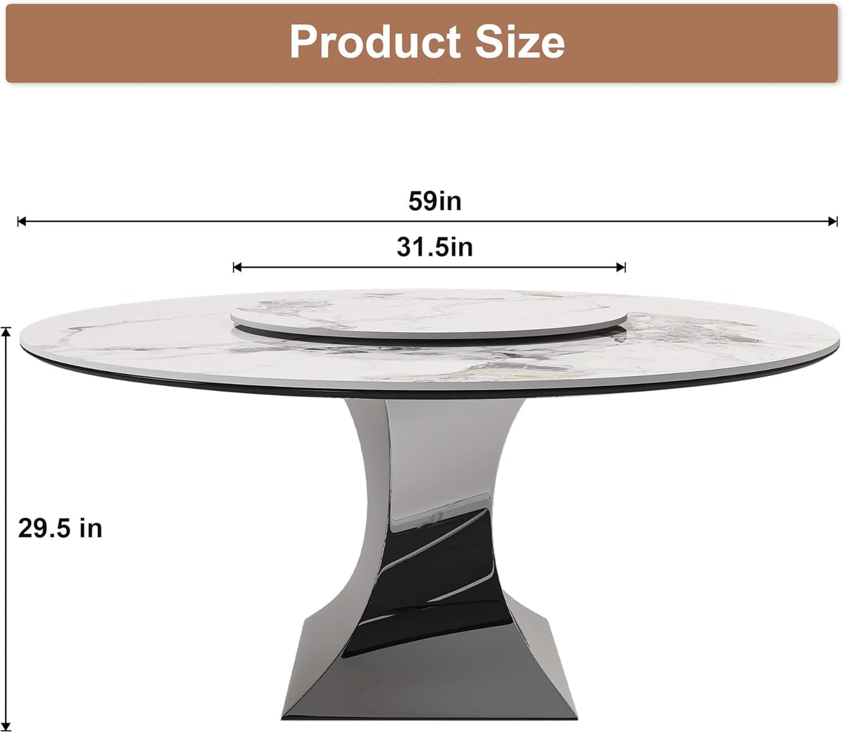 Montary 59” Modern Round Dining Table for 6-8, Artificial Marble Dining Room Table with Lazy Susan, Stainless Steel Black Titanium Hourglass Base, Sintered Stone Top Dining Table (Only Table)