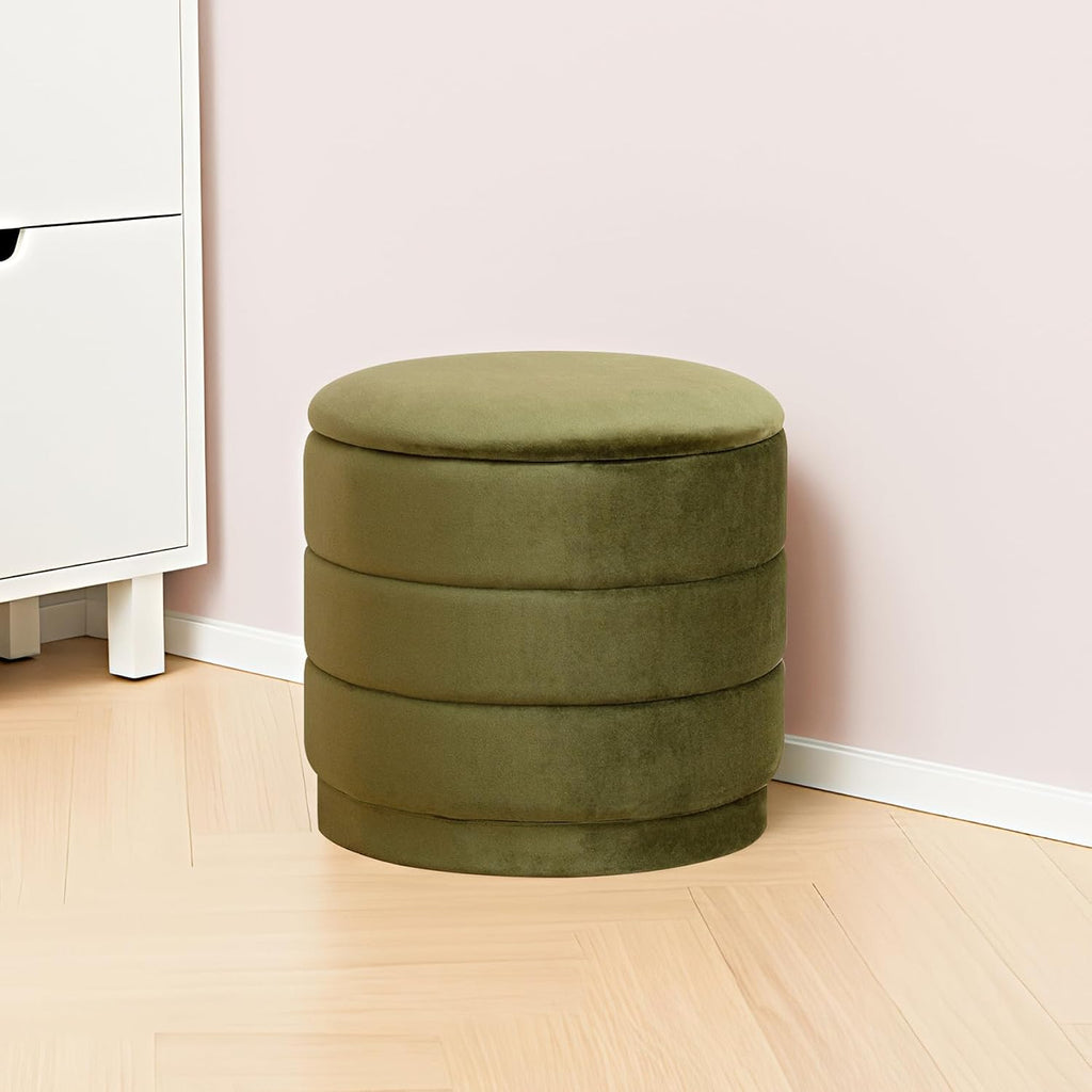15.4" Round Velvet Storage Ottoman with Reversible Lid, Upholstered Circular Ottoman Footrest with Hidden Storage, Foldable Padded Footstool for Dorm Living Room & Bedroom, Olive Green