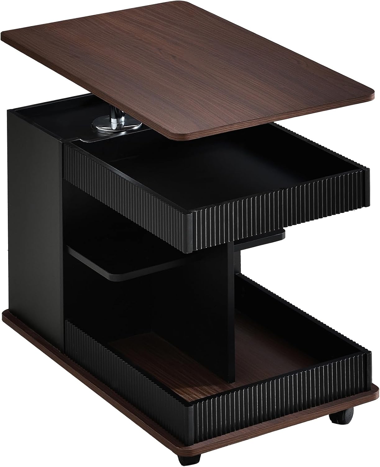 Modern Adjustable End Table with Wheels, 360° Rotating and Adjustable Lift-Top Design, Multifunctional Sofa Side Table with Storage Space for Living Room, Small Space (Black+Brown/508)