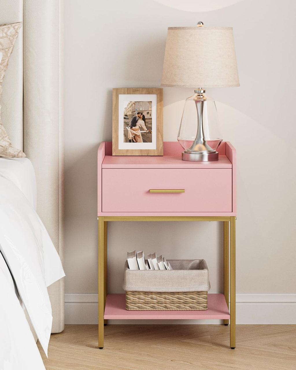 Nightstand, Modern Bedside Table with Drawer and Legs,Pink and Gold Night Stand with Open Shelf, Narrow Side Table for Bedroom, Living Room