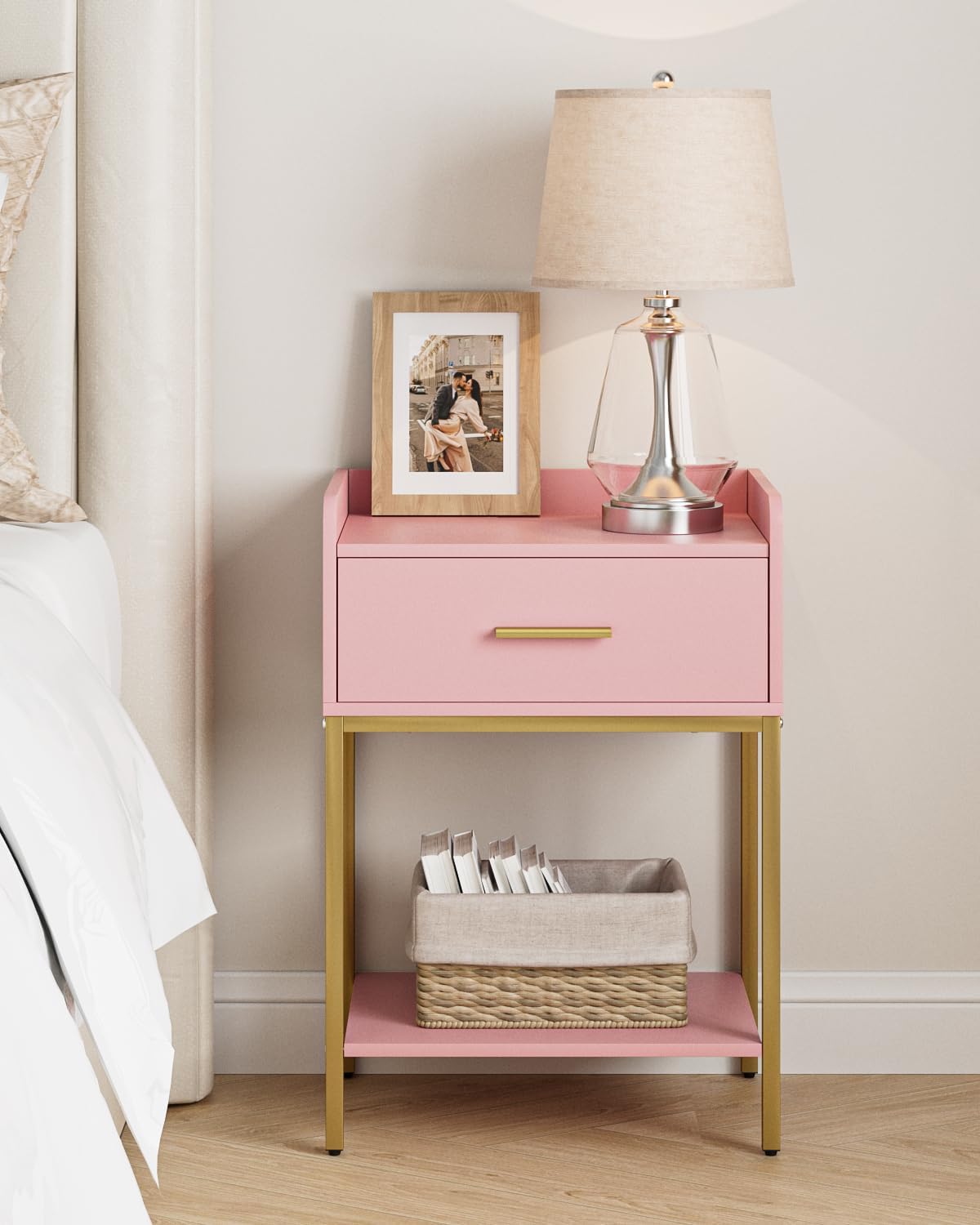 Nightstand, Modern Bedside Table with Drawer and Legs,Pink and Gold Night Stand with Open Shelf, Narrow Side Table for Bedroom, Living Room