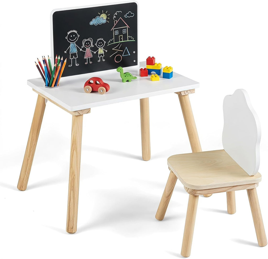 Costzon Weaning Table and Chair Set with Chalkboard | Wooden Kids Table and Chair Set with Brush Pot for Drawing, Learning and Mealtime, Multi Activity Desk for Toddlers