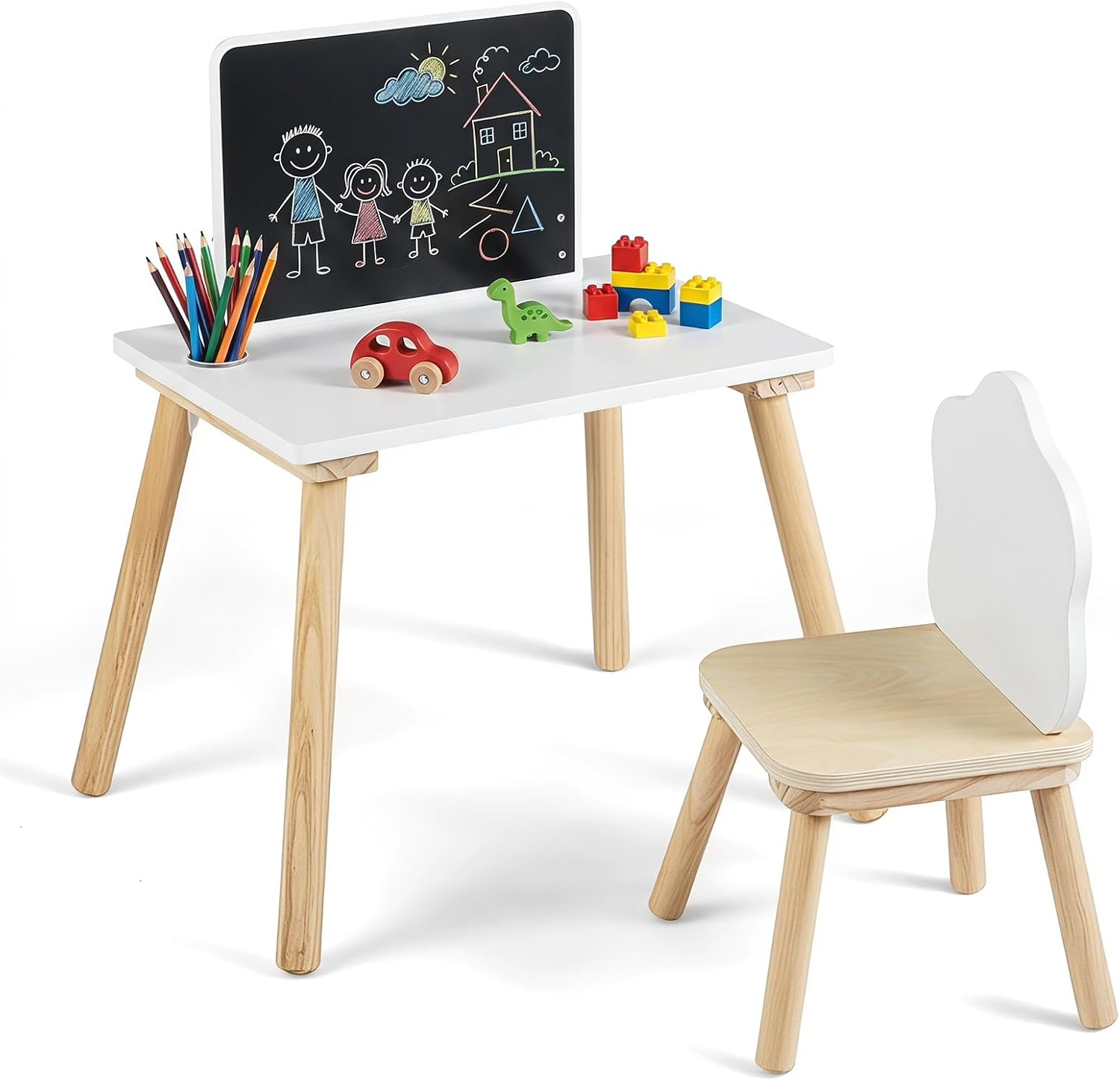 Costzon Weaning Table and Chair Set with Chalkboard | Wooden Kids Table and Chair Set with Brush Pot for Drawing, Learning and Mealtime, Multi Activity Desk for Toddlers