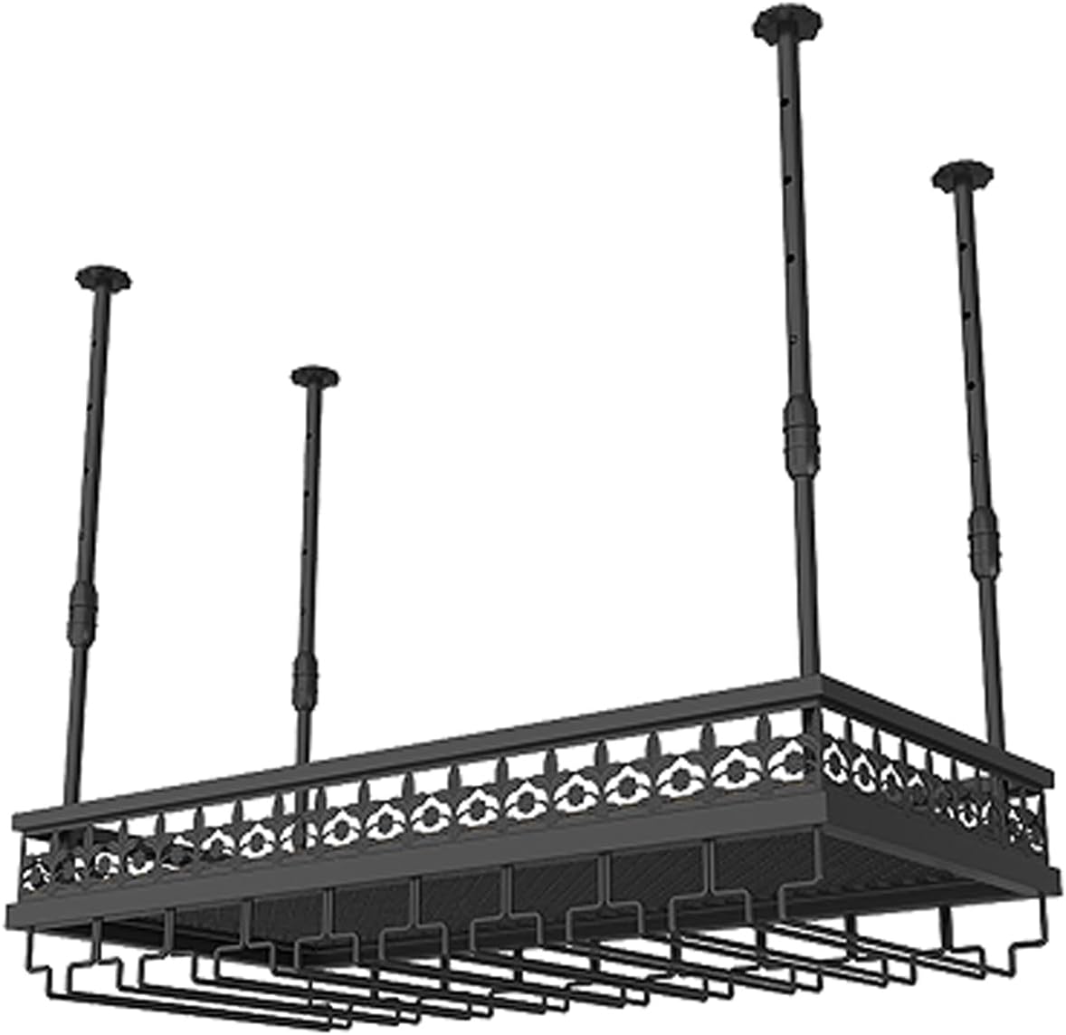 Ceiling Wine Rack-Hanging Stemware Holderfor Bar,23.6"x11.8"-Black | Adjustable Height 12"-24”,Industrial Iron Hanging Kitchen Wine Bottle Organizer Shelf,Space-Saving