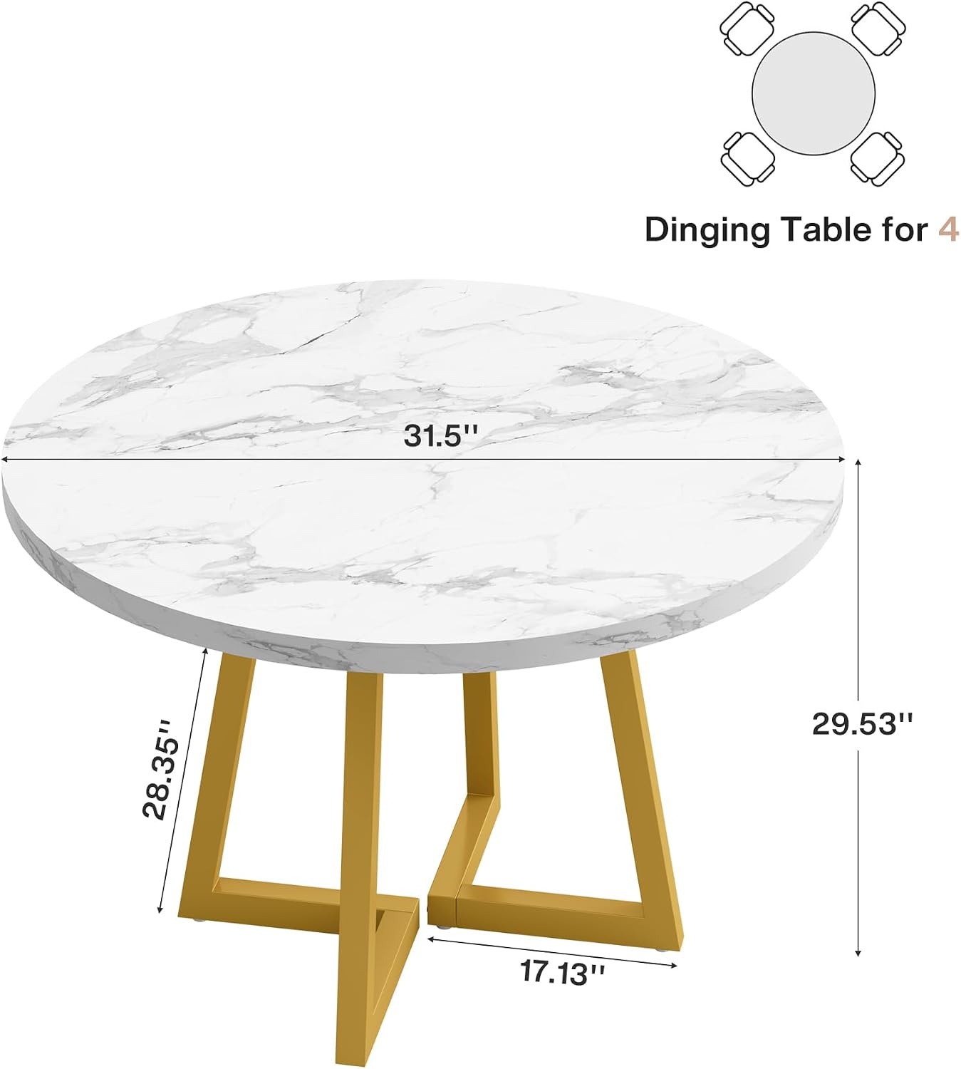Tribesigns Round Dining Table for 2, 31.5" Modern Kitchen Table with Metal Base, Small Table for Dining Room, Small Space, Apartment, Office, Restaurant, White & Gold
