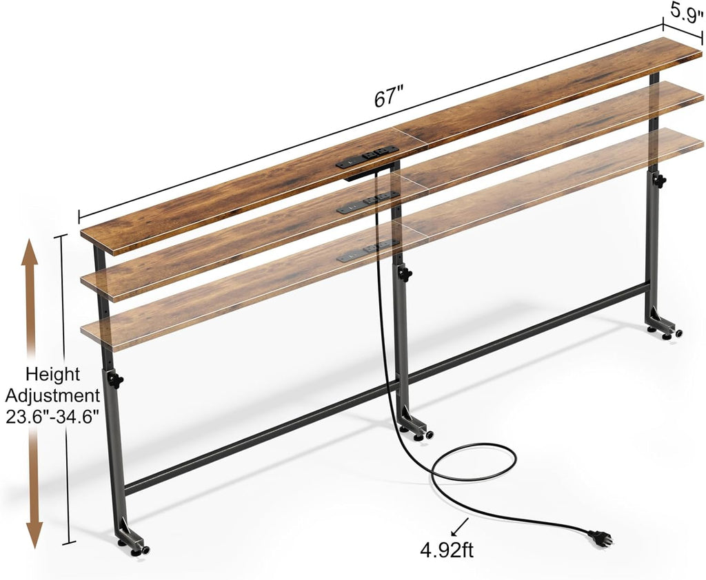 Faesun 67 Inch Behind Couch Table, 23.6"-34.6" Adjustable Height Range, Behind the Couch Table with Outlet, Adjustable Console Table, Narrow Long Sofa Table, for Living Room, Bedroom, Rustic Brown